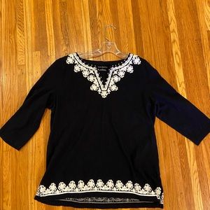 Talbots women’s Large Navy Blue Tunic with white embroidery.